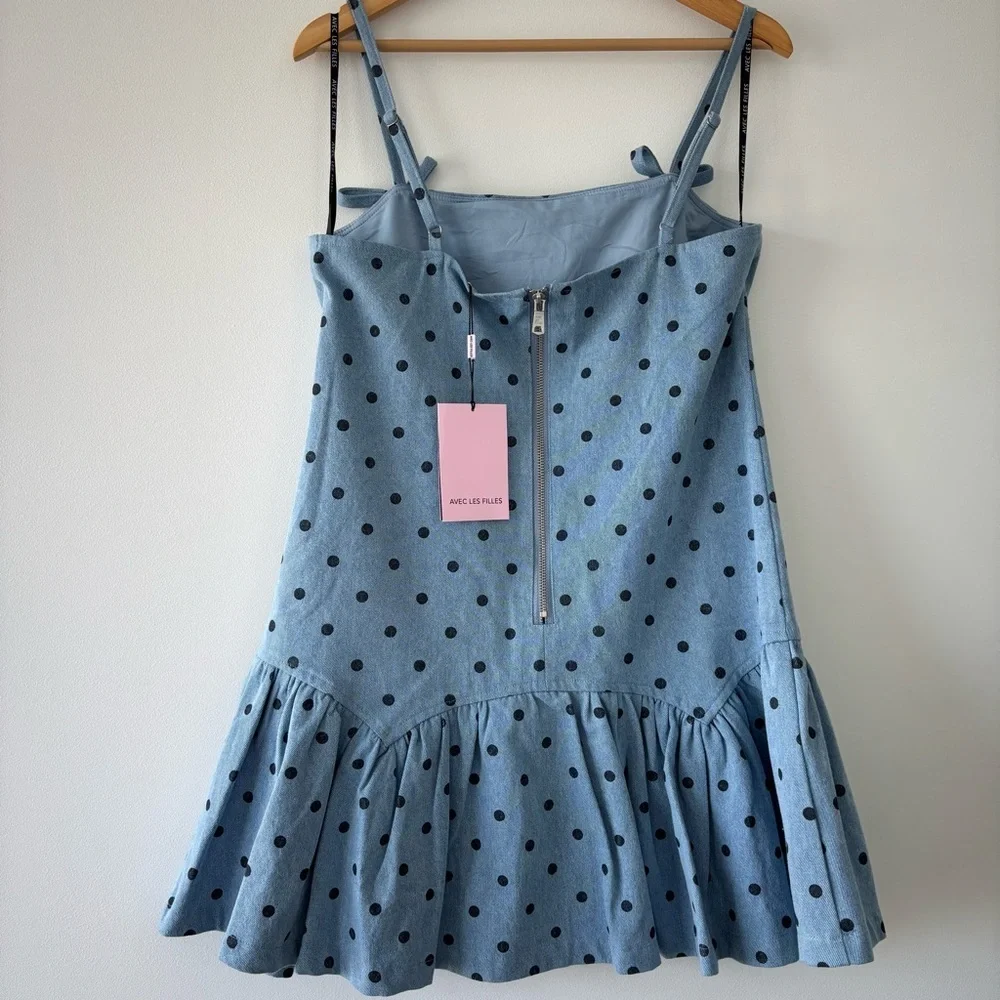 NWT Avec Les Filles Flirty Sky Blue Cotton Dotted Mini Shift Fit n Flare Dress - Picture 7 of 11